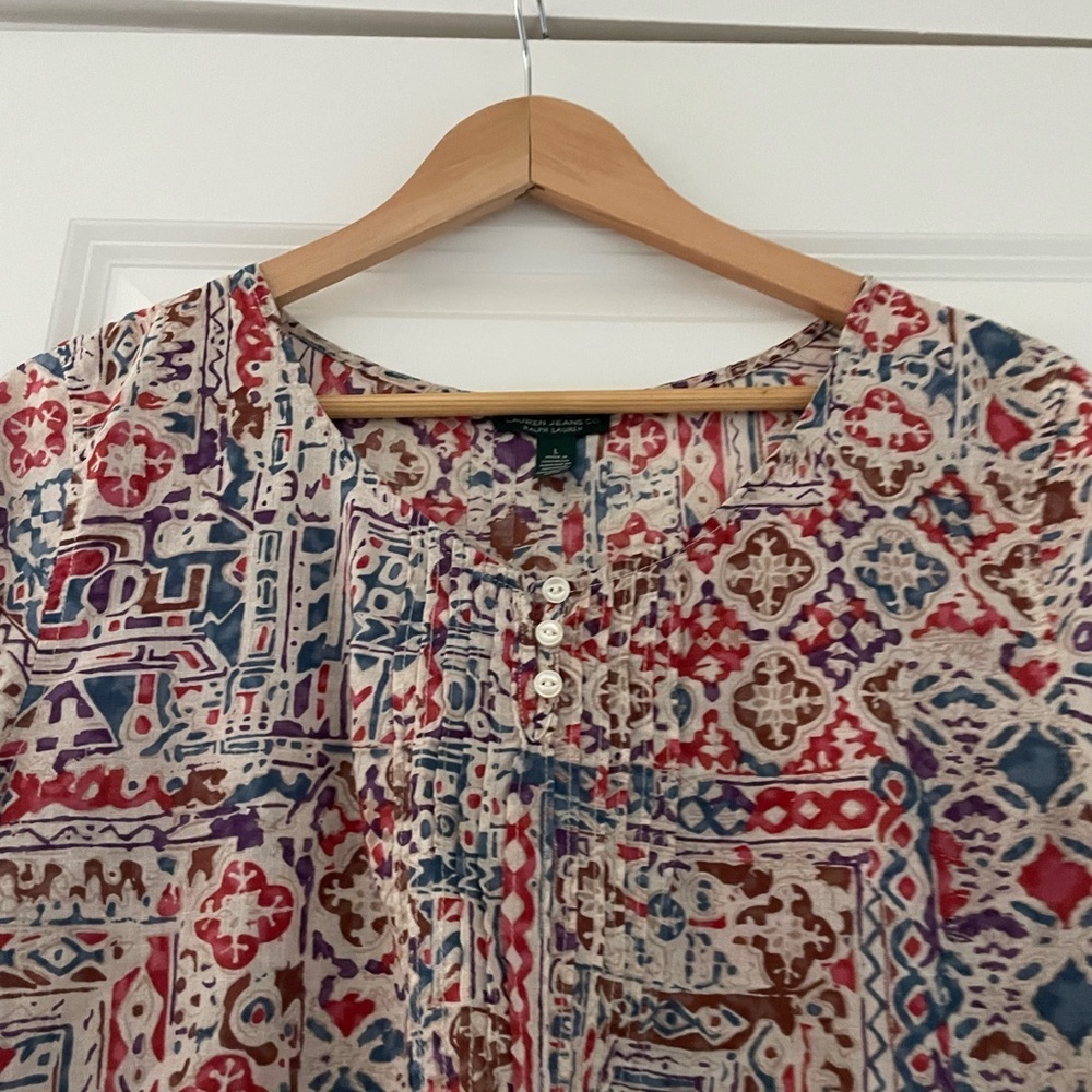 Lauren Ralph Lauren Jeans Co Pintuck Aztec Southwestern Print Cotton Top Boho - Picture 4 of 7